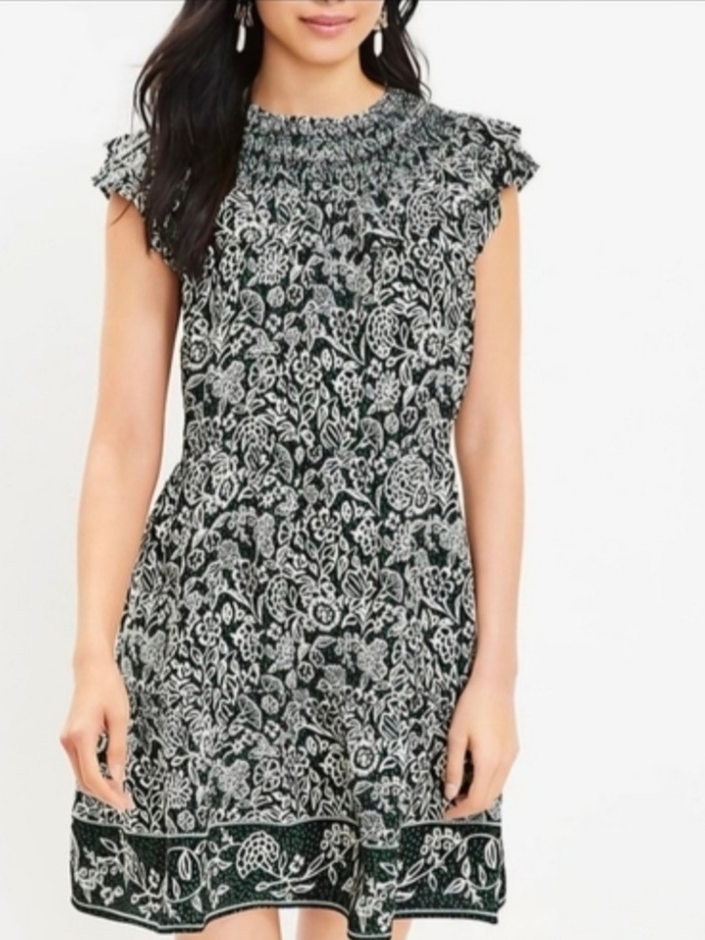 LOFT Black & White Smocked-Neck Floral Midi Dress